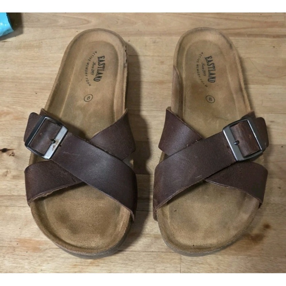 Eastland Kellee Womens Brown Leather Crisscross Buckle Slide Sandals Size 8